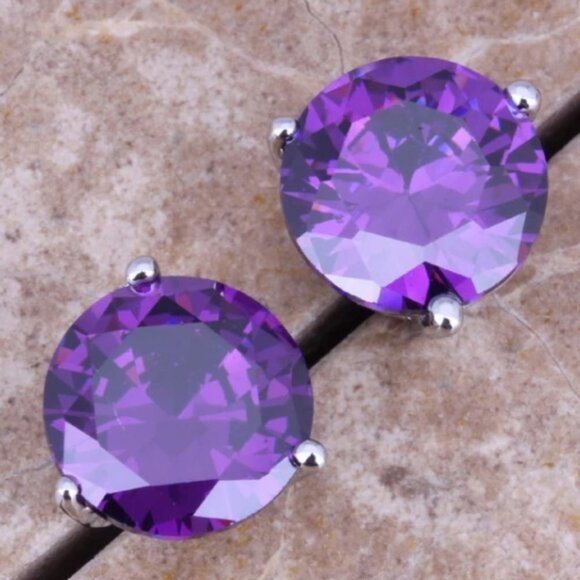 Jewelry earrings amethyst purple round 3-prong stud studs simple elegant new - Picture 1 of 2